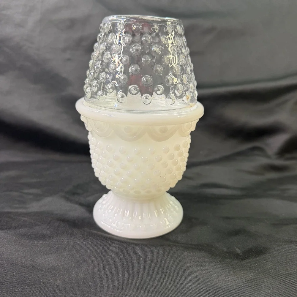 Vintage Avon Milk Glass Hobnail Fairy Lamp Votive Holder Clear Top 2 Piece